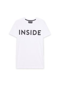 Camiseta de algodón blanca con mangas cortas y escote redondo. Texto negro en negrita "INSIDE" impreso en la parte delantera. Textura suave.