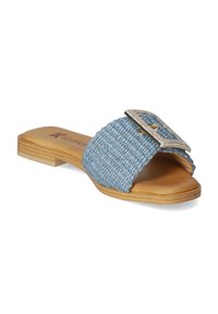 Blue woven slide sandal with a wide strap, a textured surface, and a decorative buckle featuring rhinestones. Flat sole, casual design.