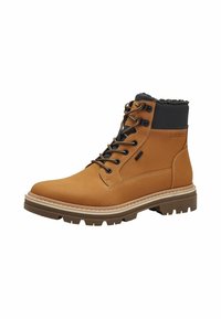Tan læder ankelstøvle med sort krave, robust sål og snørebåndsdesign. Har beige syninger og en varm indvendig foret.