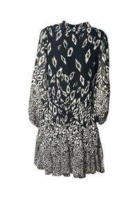 Schwarz-weiß gemustertes Kleid mit langen Ärmeln, plissiertem Rock und rundem Ausschnitt. Leichter Stoff mit fließender Textur.