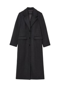 Cappotto in misto lana nero con un design strutturato, revers a punta, due tasche frontali e tre bottoni. Maniche lunghe e lunghezza al ginocchio.