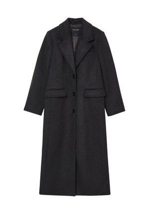 Manteau en mélange de laine noire avec un design structuré, col cranté, deux poches avant et trois boutons. Manches longues et longueur genou.