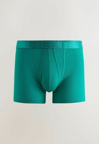 Boxeri pentru bărbați, culoare teal, cu buzunar frontal conturat, cusături de susținere și o talie lată cu numele mărcii NEXT gravat.