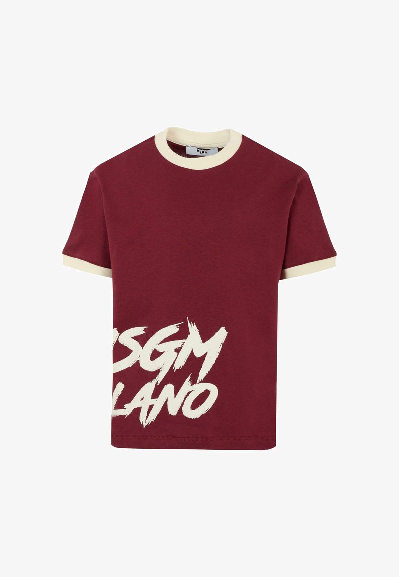 Burgundowa bawełniana koszulka z kremowym ściągaczem i mankietami, z wyraźnym białym napisem „MSGM MILANO” w stylu pędzla.
