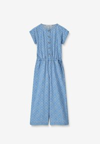 Jumpsuit bleu clair avec manches courtes, fermeture à boutons, taille élastique et motif floral. Conception ample avec jambes larges.