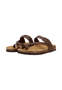 Ruskeat nahkasandaalit, joissa on kaksi säädettävää hihnaa, korkkipohja ja tekstiilimuotoiltu kumipohja. Sivuhihnassa on solkiyksityiskohta.