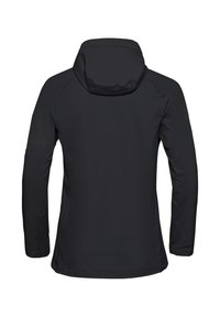 Zwarte, lichte jas met capuchon. Heeft een gladde, matte afwerking en verlengde mouwen. Geen zichtbare versieringen of patronen.