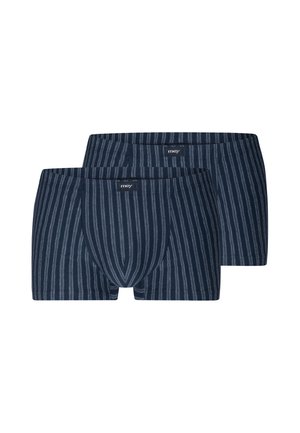 Zwei Paare dunkelblauer Boxershorts mit senkrechten grauen Streifen und einem kleinen "mey"-Logo vorne in der Mitte am Bund.
