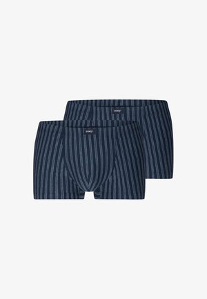 Two pairs of navy blue boxer briefs with vertical gray stripes and a small "mey" logo on the waistband front center.