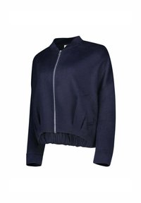 Giacca accorciata blu navy con una texture liscia, scollo rotondo e maniche a lunghezza intera. Presenta una zip frontale e un orlo arricciato.