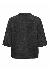 Pull en maille à manches courtes gris foncé, à coupe ample et tissu texturé doux, affiché de dos.