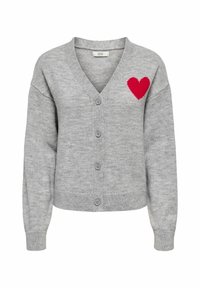 Cardigan grigio realizzato in materiale morbido, con scollo a V, bottoni frontali e un dettagli di cuore rosso lavorato a maglia sul lato sinistro del petto.