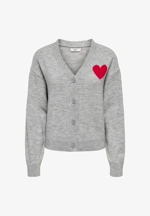Hallukas hall cardigan pehmest materjalist, millel on V-kaelus, ees nupud ja vasakul rinnal kudumisega punane süda.