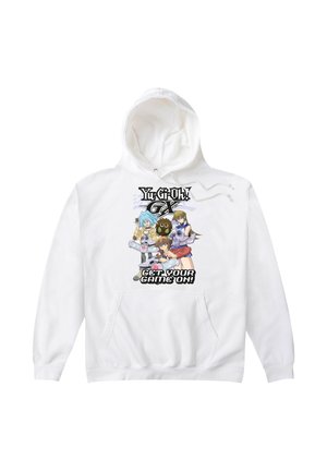 Hvid hættetrøje med tre animerede figurer og teksten "Yu-Gi-Oh! GX" og "Get your game on" på forsiden i midten.