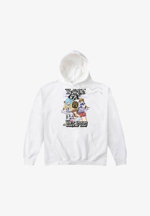 Felpa con cappuccio bianca con tre personaggi animati e testo "Yu-Gi-Oh! GX" e "Get your game on" al centro davanti.