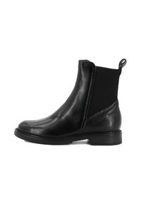 Bottine en cuir noir avec panneau élastique sur le côté, languette au talon, petit talon carré et bout arrondi.