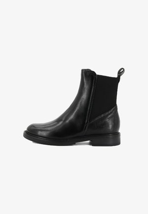 Stivaletto in pelle nera con pannello elastico laterale, linguetta sul tallone, tacco basso a blocco e punta arrotondata.