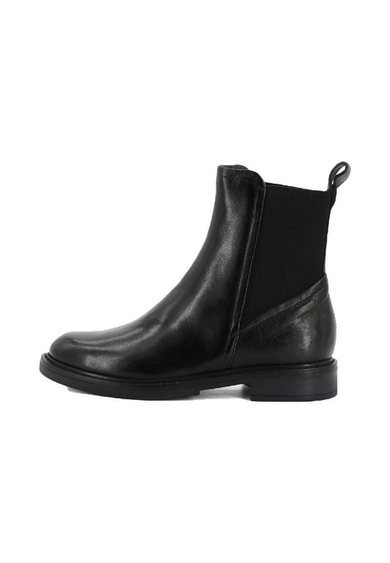 Bottine en cuir noir avec panneau élastique sur le côté, languette au talon, petit talon carré et bout arrondi.