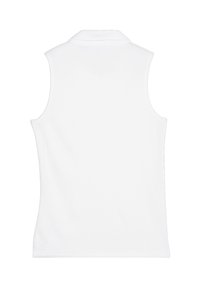 Bela brezrokavna polo majica s ovratnikom, ki ima gladko teksturo in minimalističen dizajn, primerna za vsakodnevno nošenje.