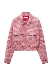 Veste courte à carreaux rose et blancs avec fermeture éclair avant, deux poches à rabat, manches longues et col pointu.