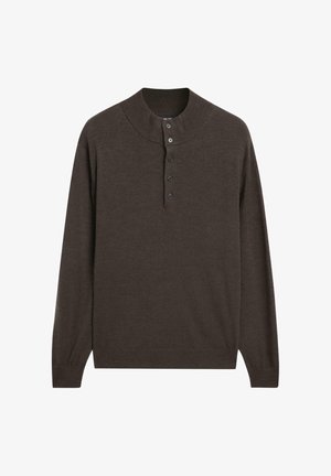 Brown long-sleeve pullover with a high collar and three-button placket. Made of soft fabric, it features a smooth texture and ribbed cuffs.