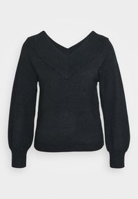Pull noir avec un col en V profond, des poignets et un ourlet côtelés. Le tissu a une texture douce avec une silhouette ajustée et des manches bouffantes.