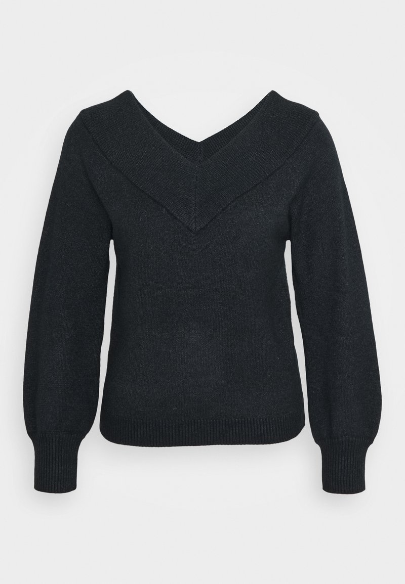 Pull noir avec un col en V profond, des poignets et un ourlet côtelés. Le tissu a une texture douce avec une silhouette ajustée et des manches bouffantes.