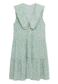 Kukallinen mekko vaaleansinisessä ja vihreässä, jossa on rypytetty kaulus, hihaton malli ja kerroksellinen helma. Valmistettu kevyestä kankaasta.