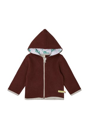 Burgunderfarbene Zip-Hoodie mit einer spitzen Kapuze, kontrastierendem grauem Besatz und einem gemusterten grün-weißen Futter mit Naturmotiven.