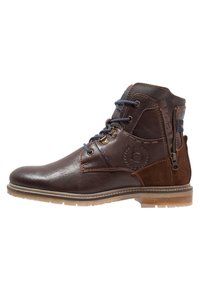 Braune Lederstiefelette mit Wildlederakzenten, runder Zehenform, blauen Schnürsenkeln, dekorativen Nähten, seitlichem Reißverschluss und Gummisohle.
