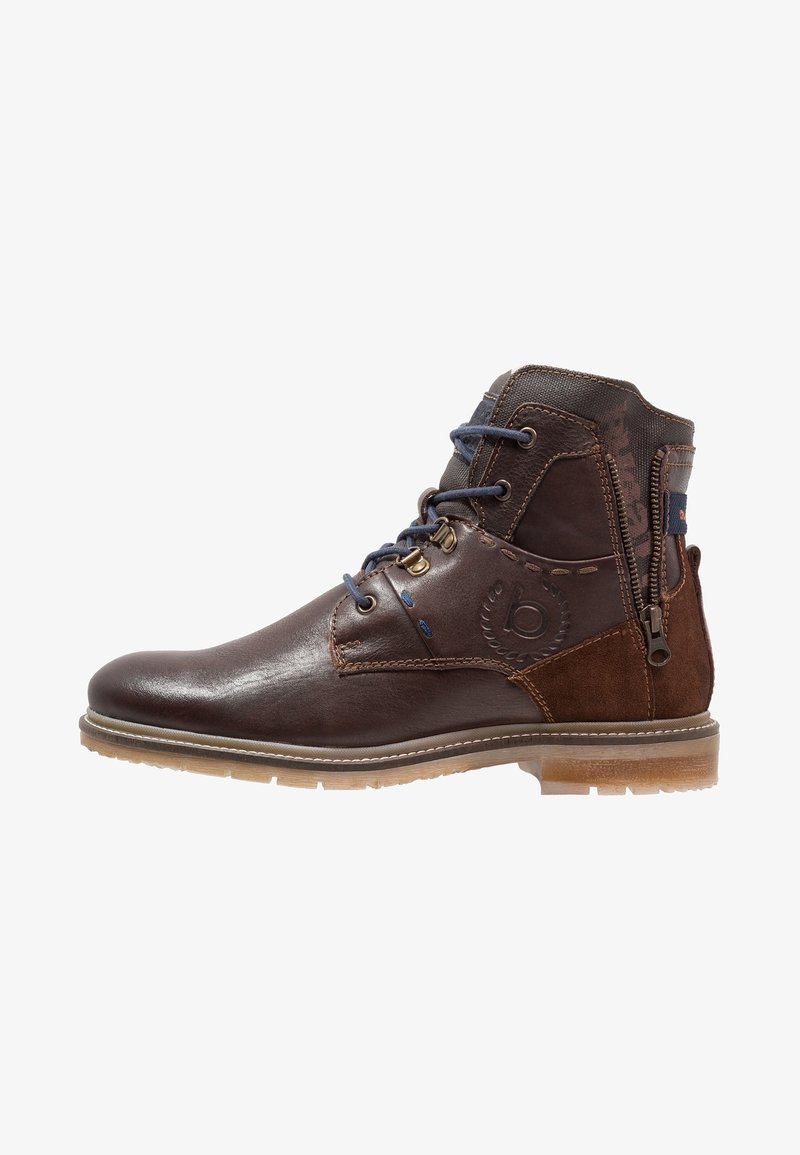 Braune Lederstiefelette mit Wildlederakzenten, runder Zehenform, blauen Schnürsenkeln, dekorativen Nähten, seitlichem Reißverschluss und Gummisohle.
