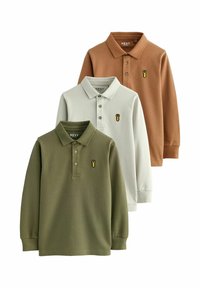 Drei Langarm-Polohemden in Braun, Weiß und Olivgrün. Aus Baumwolle mit Knopfleisten und kleinem gesticktem Logo auf der Brust.