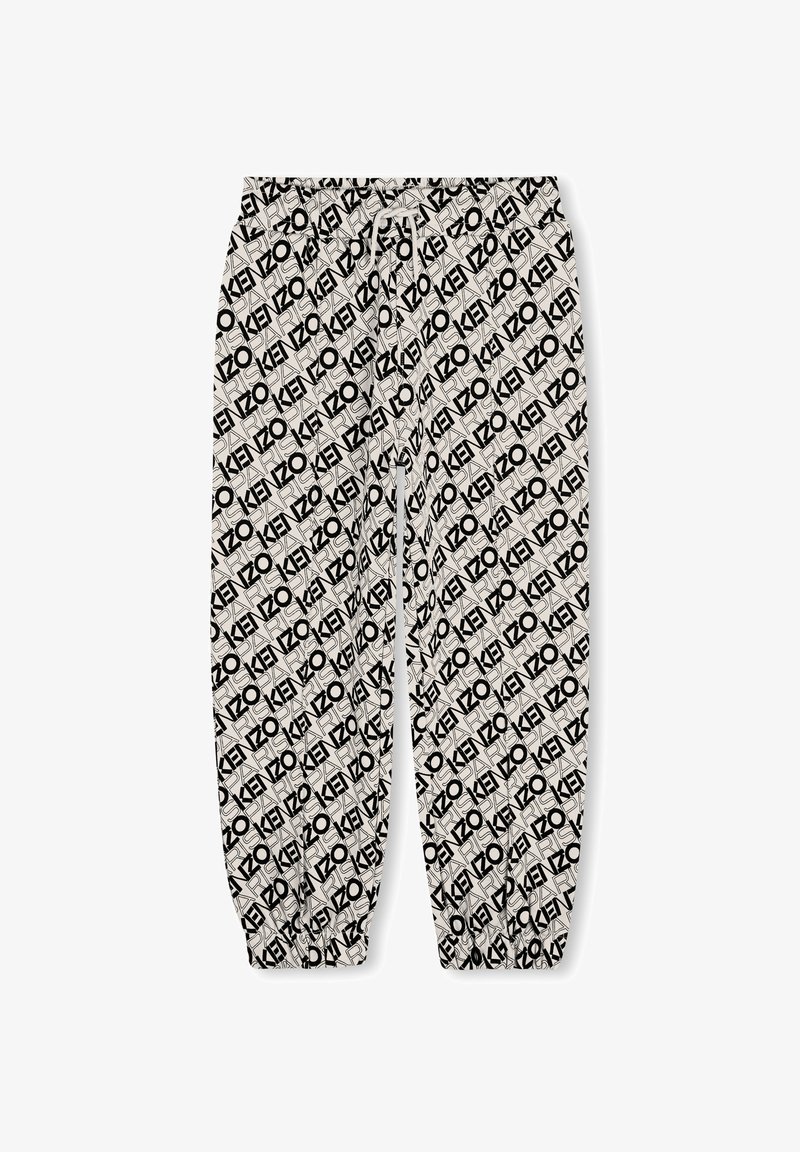 Zwart-witte, gestreepte sweatpants met elastische boorden en tailleband, voorzien van herhaaldelijk logo-ontwerp op een lichte achtergrond.