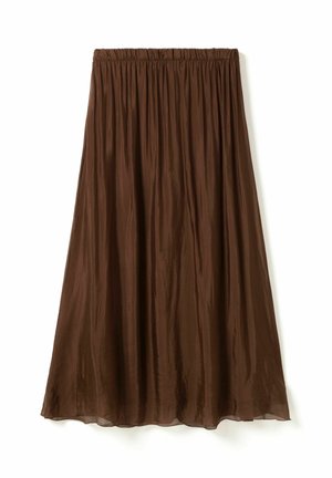 Fustă midi maro, fluidă, cu talie elastică și material ușor, puțin transparent, prezentată pe un fundal alb.