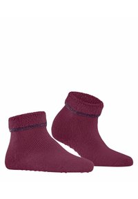 Bordowe skarpetki do kostek z teksturowanym, puszystym mankietem i szarym akcentem, z prążkowanymi detalami i antypoślizgową gumową podeszwą.