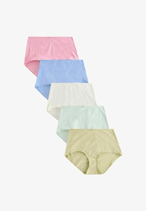 Päť dámskych bavlnených nohavičiek s vysokým pásom v pastelových farbách: ružová, modrá, biela, mätovo zelená a béžová, usporiadaných v zvislom rade.
