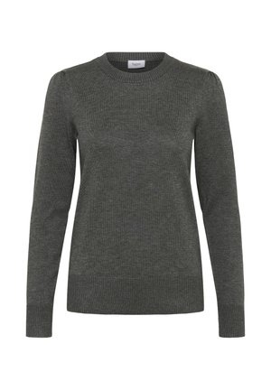 Suéter gris de punto con cuello redondo, mangas largas, puños y dobladillo acanalados, que presenta una textura sutil y un diseño de corte clásico.