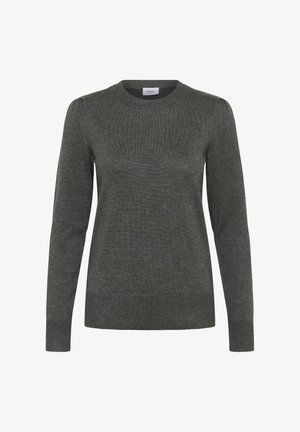 Pilkos megztos suapvalintos iškirptės, ilgomis rankovėmis, raukšlėmis ant rankovių ir apatinės dalies, su subtilia tekstūra ir klasikiniu siluetu.