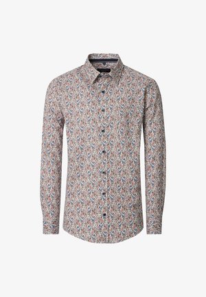 Langärmliges Hemd mit hellem Hintergrund, Blumenmuster in Blau-, Orange- und Cremetönen. Verfügt über einen klassischen Kragen und eine Knopfleiste.