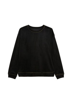 Sweat-shirt en velours noir à manches longues, col rond et couture dorée contrastante le long des bords, offrant une coupe décontractée.