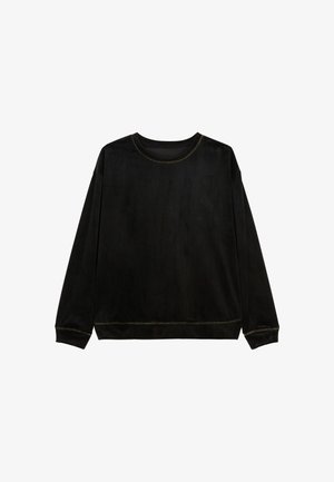 Sweat-shirt en velours noir à manches longues, col rond et couture dorée contrastante le long des bords, offrant une coupe décontractée.
