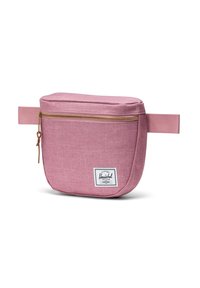 Rosa tygpåse med dragkedja, rektangulär form, läderdragrem och en vit logotypatch. Har en sömdetalj på sidorna.