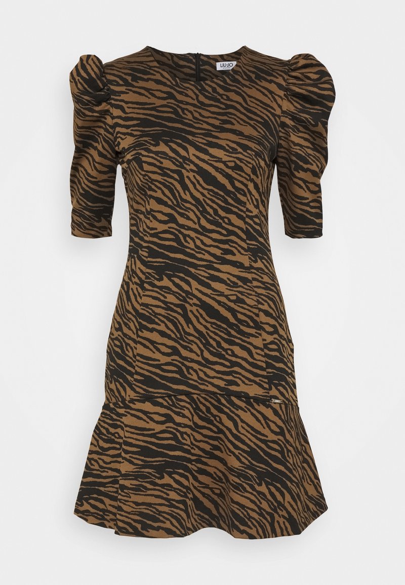 Robe imprimé tigre marron et noir avec manches courtes bouffantes et ourlet évasé, fermeture éclair dans le dos et taille cintrée.