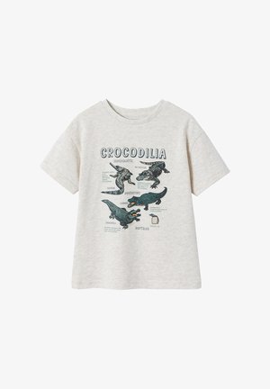 Light gray short-sleeve t-shirt with illustrations and labels of different crocodilian species and a crocodile egg on the front.
