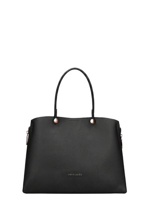 Borsa tote in pelle nera con manici lunghi, bottoni color oro e brand leggero sul davanti.