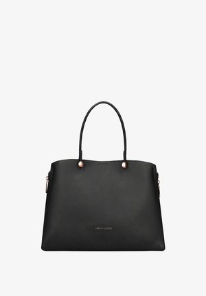Borsa tote in pelle nera con manici lunghi, bottoni color oro e brand leggero sul davanti.