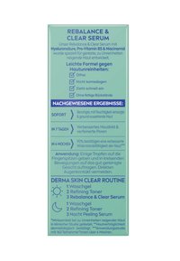 Turquoise box packaging for "Rebalance & Clear Serum" with white text. Key ingredients and usage instructions printed on the back.