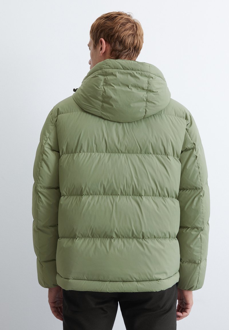 Grüne Puffjacke mit Kapuze, ausgestattet mit einem gesteppten Design, elastischen Bündchen und einer glatten Textur. Die Rückansicht zeigt keine sichtbare Markenkennzeichnung.