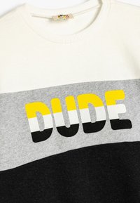 Sudadera con bloques de color en blanco, gris y negro. Presenta "DUDE" en letras grandes amarillas y grises. Mezcla suave de algodón, cuello acanalado.