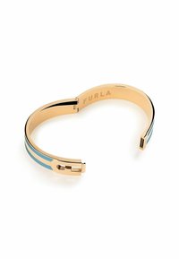 Kullast käevõru, millel on kaks horisontaalset sinist triipu, sile tekstuur ja klambriga sulgemine, mille sees on graveeritud kaubamärgi nimi "Furla".